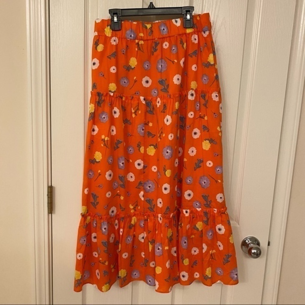 Ann Taylor Floral Gathered flounce Tiered Midi Skirt in Orange Spark Size S - Picture 6 of 10